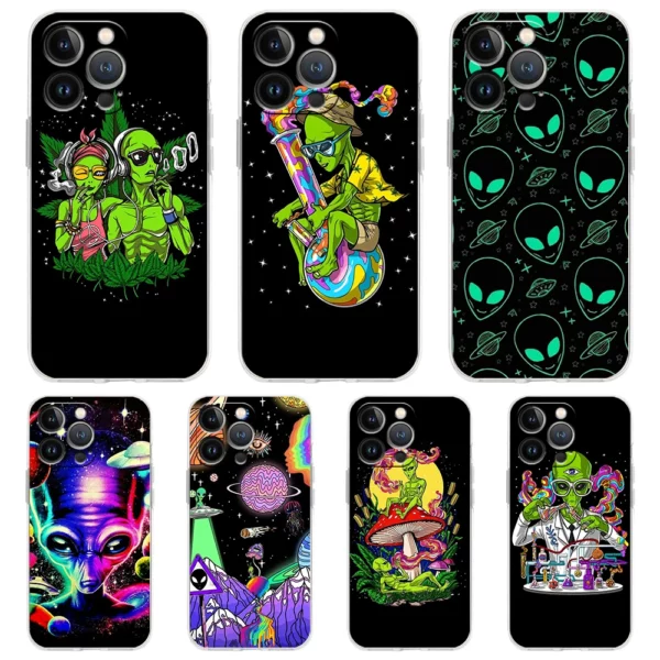 Cartoon Alien Cute Case for iPhone 16 15 14 13 12 Pro Max Cover Transparent Soft for iPhone 11 Pro Max 7 8 Plus XS XR Bags Capas